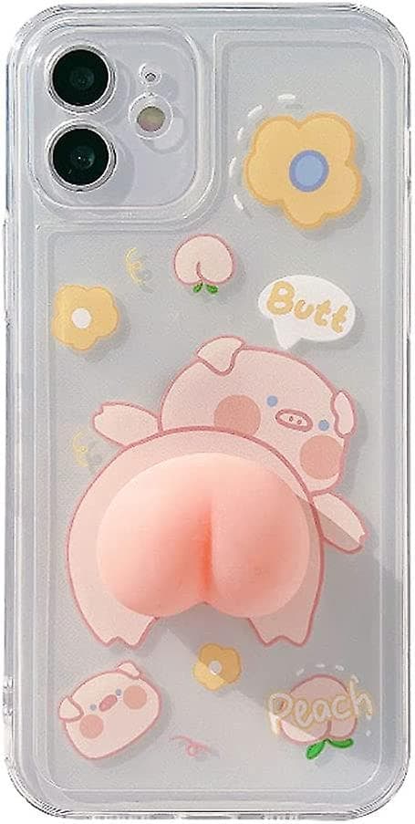 Phone Case for iPhone 13 Mini, Funny Novelty Wavy 3D Squeezable Peach Butt Pig Pattern Happy Pig Case Transparent Soft TPU Silicone Rubber Case