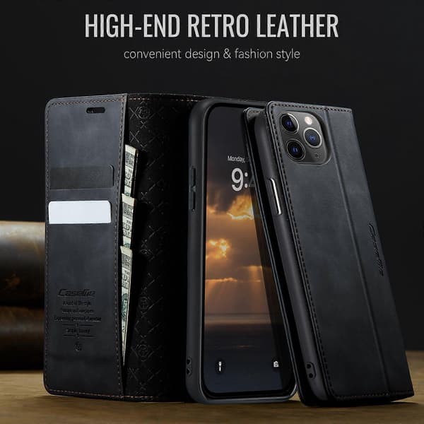 Compatible with iPhone 11 Pro Case CASEME 033 Series RFID Wallet Stand Calf Texture Leather Phone Case Black