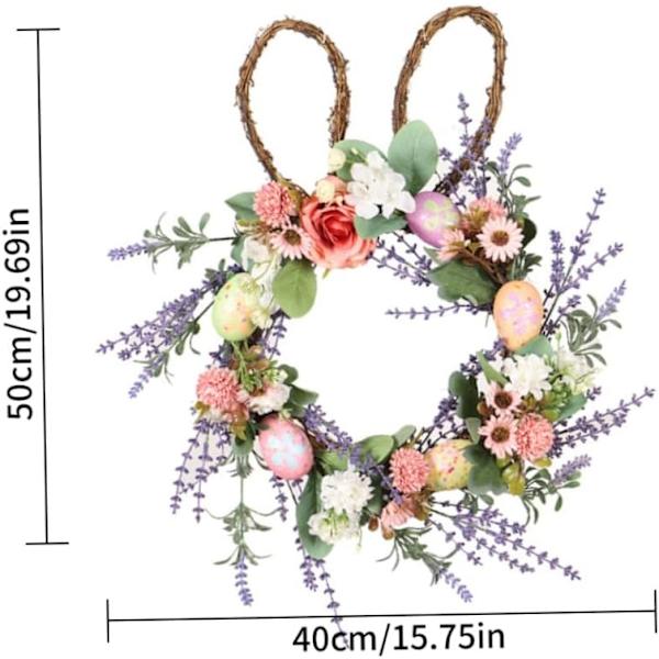 Konstgjord påskkrans med kanin, ägg och blommor, dörrkrans med lampor, påskkanin, rotting, vår