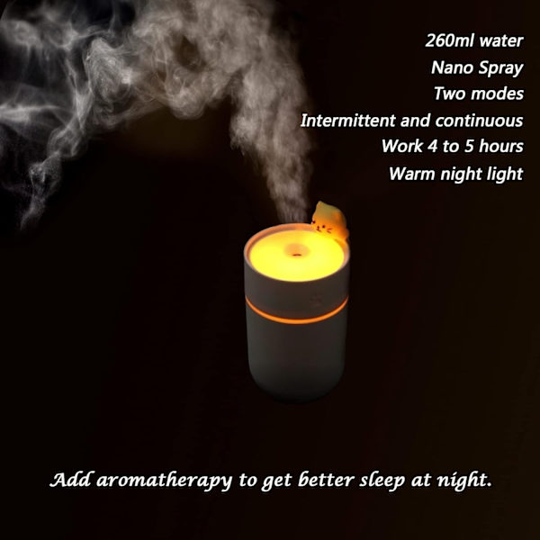 Bärbar Mini Skrivbord USB Luftfuktare 260ml, Söt Kattunge Liten Cool Mist Luftfuktare Nattljus Auto