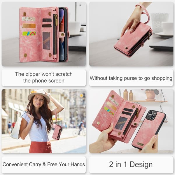 CaseMe Multi-Slot 2-i-1 Plånboksfodral iPhone 15 Rosa