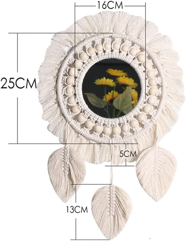 Rund Makrame Väggspegel, Solstråle Vävd, Boho Dekorativ Spegel för Vardagsrum Sovrum - Bomull & Akryl