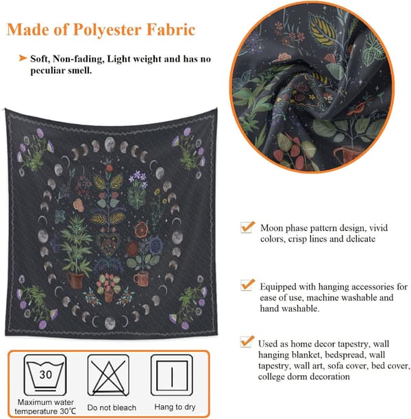 Botanisk Blommig Månfas Gobeläng, Polyester HD-tryck, Bohemisk Väggbonad för Sovrum, Strand, Picknick