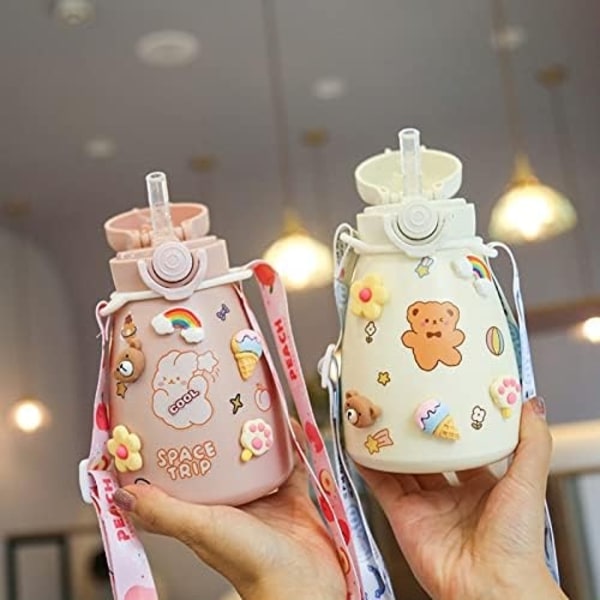 Kawaii vattenflaska, sugrör och stor mage kopp isolerad kallvattenflaska (500ml, grön)