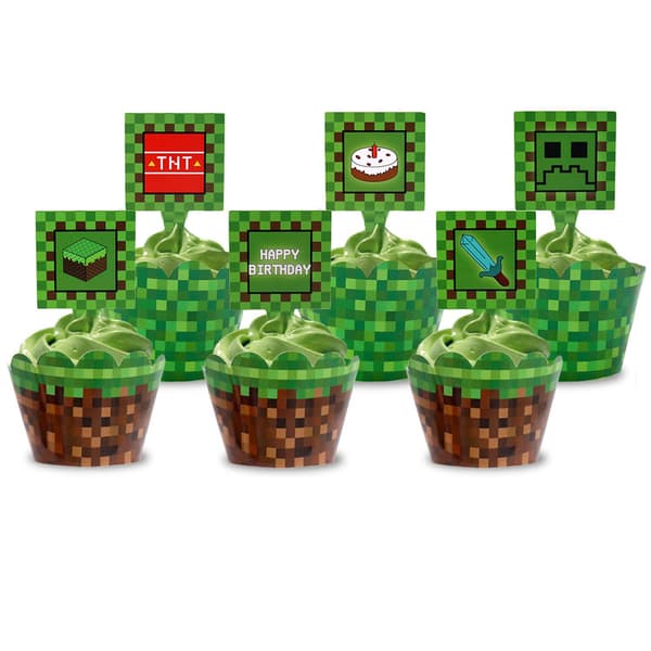 Minecraft-tema Cupcake-innpakninger Bursdagsfest Sett med 24 Vendbare