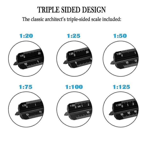 Arkitektskala, Triangulär skala i aluminium, metrisk 1:20, 1:25, 1:50, 1:75, 1:100, 1:125, standard 30 cm för arkitekter, studenter