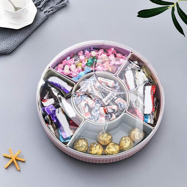 Snacksbricka roterande 5 fack frukt godis aptitretare bricka med lock mat serveringsdisplay tallrik