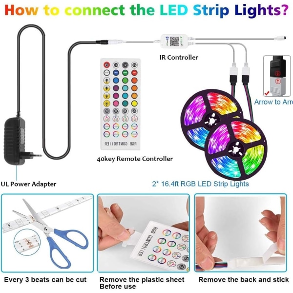 LED-ljusremsor, 16,4 fot RGB-tejpljusremsa, Bluetooth-styrning, 40-tangenters fjärrkontroll, musiksynkronisering
