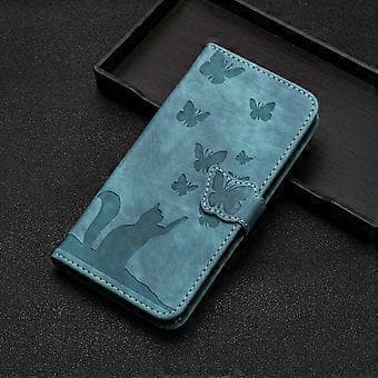 Compatible | Samsung Galaxy S21 FE 5G Embossed Butterfly Cat Wallet Case | Card Slots Kickstand Light blue