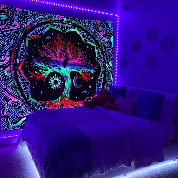 Livets träd gobeläng, Mandala sol och måne gobeläng väggbonad, Hippie UV-reaktiv väggdekor för