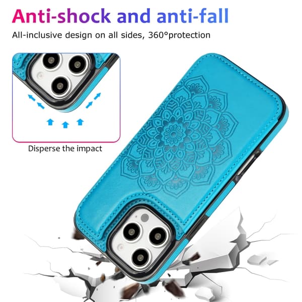 iPhone 16 Pro Max Cover - Dobbelt Spænde Mandala Læder Etui Blå