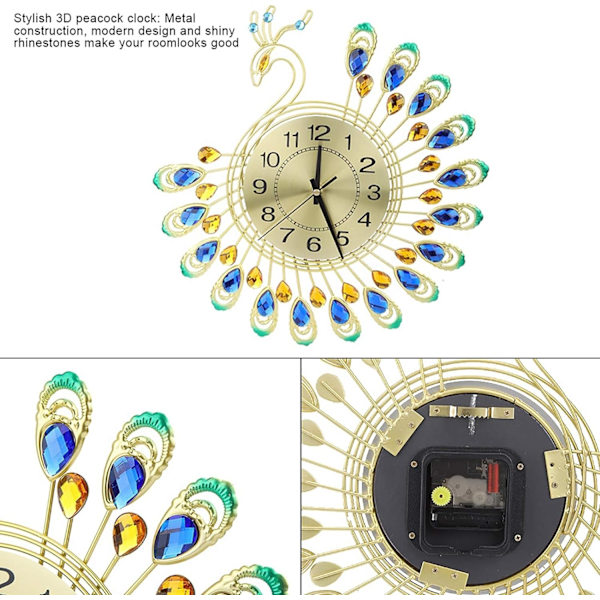 Påfågel Väggklocka, 3D Metallformad Modern Tyst Klocka utan Ticking för Vardagsrum, Sovrum, Hemvägg Konst Dekoration