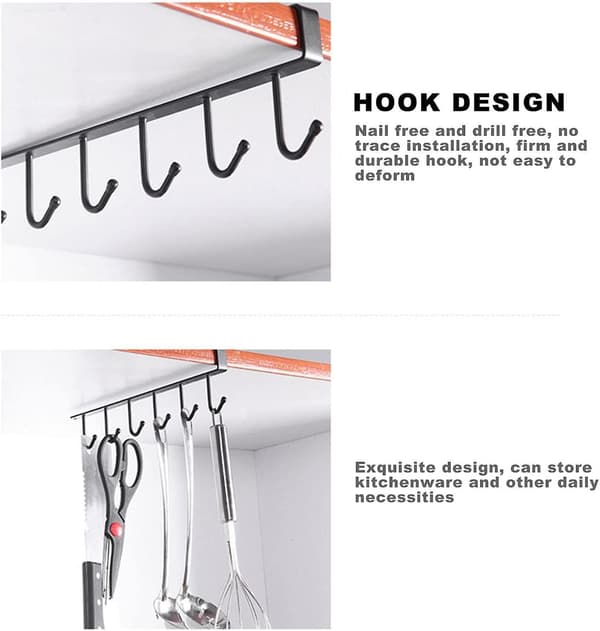 Iron 6 Hooks Storage Rack - Home Storage Mug Hooks - Kitchen Under Cabinet Organizer Hook Rack, Slide On Mug Hooks Under Cabinet, No Drilling