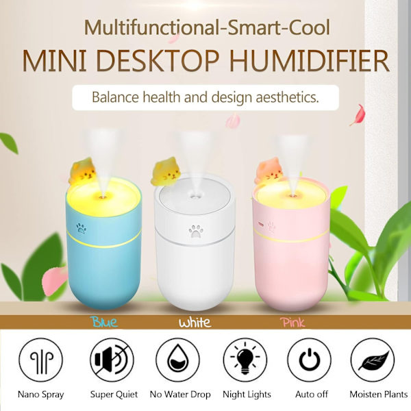 Bärbar Mini Skrivbord USB Luftfuktare 260ml, Söt Kattunge Liten Cool Mist Luftfuktare Nattljus Auto