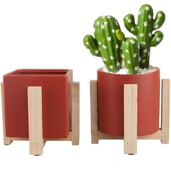 Set med 2 keramiska blomkrukor med växtstativ i trä - Modern - För inomhus- och utomhusbruk - Röd (rund + fyrkantig)