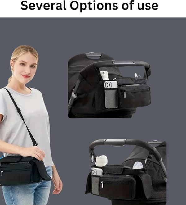 Black Stroller Organizer, Universal Stroller Bag with 2 Cup Holders, Insulated Bottle Holder, Large Pocket for Phone
