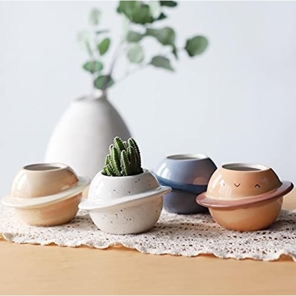 Set med 2 keramiska blomkrukor - För suckulenter - Kreativ - Mini Planet - Dekorativ blomkruka för inomhus eller trädgård - Orange