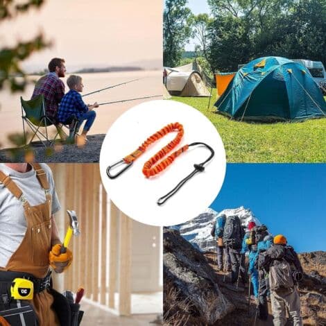 Elastisk sikkerhedsline med karabinhage – 3 stk. i synlig nylon Længde 80 cm, bæreevne 6,8 kg Nem værktøjsinstallation