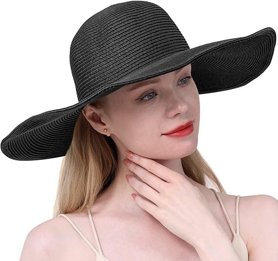 Dame floppy hat Stråhat Solhat med bred skygge Åndbar Anti UV Stråhat Strand Solhat UPF 50+, Sort