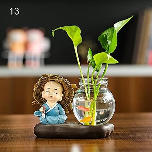 Grön Dill Hydroponisk Vas Glas Planter Bulb Vas Söta munkdocka staty prydnader med retro bas