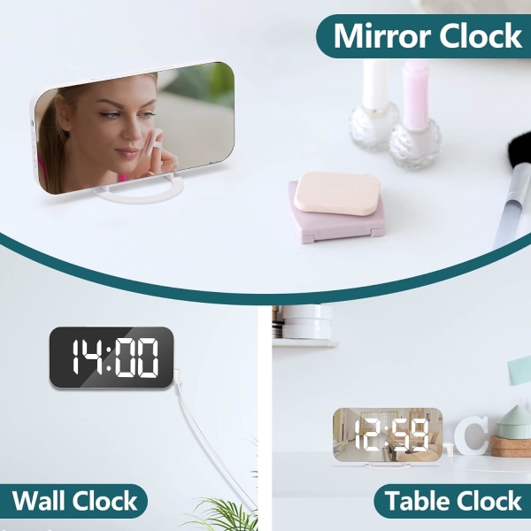 Väckarklocka med dimbar LED-display, digital väckarklocka, sängbordsalarm spegel väckarklocka, 3 dimm