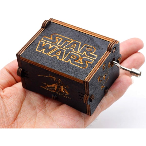 Svart trä Star Wars speldosa, antika snidade handvevade trämusiklådor