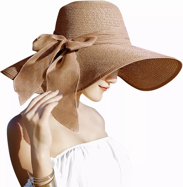 Women's 5.5 inch Large Bow Straw Hat Big Floppy Foldable Roll Up Beach Cap Sun Hat UPF 50+ Khaki