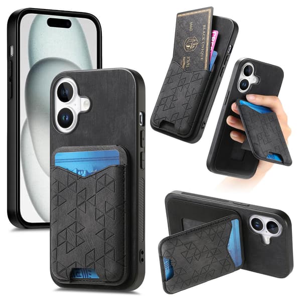 Fodral för iPhone 15 Pro Max, svart, vikbart stativ, korthållare, förvaring, enkelt läder, multifunktionellt