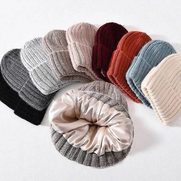 Unisex vintermössa med silkefoder, tjock stickning, randig design, varm och mjuk, beige.