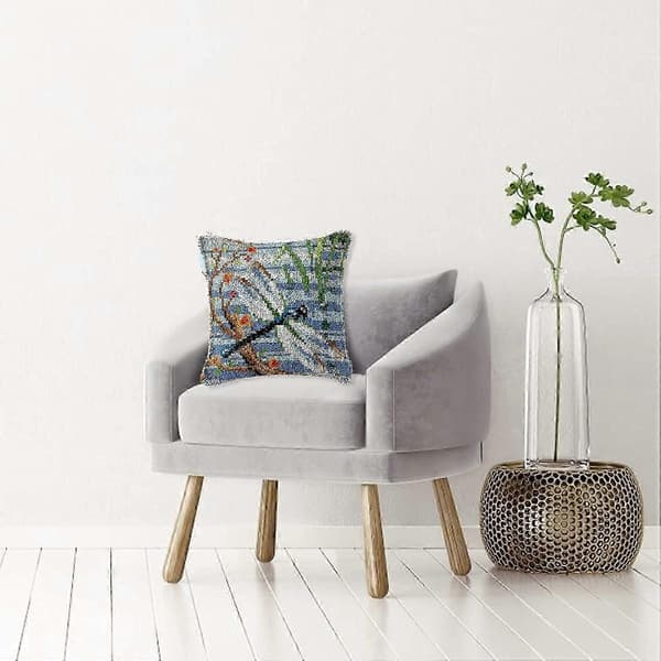 Latch Hook Cushion Kit for Adults Children DIY Throw Pillow Case Printed Canvas Dragonfly Pattern Handmade Crochet Decor