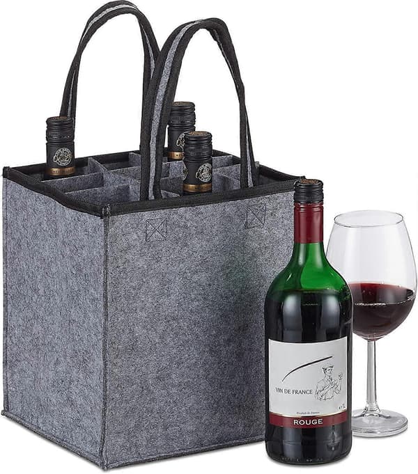 Relaxdays Flaskficka, 6 Flaskor, Flaskhållare för Vin, Öl, Tomflaskinsamling, 24 X 18 X 16 Cm, Grå, 1 Styck