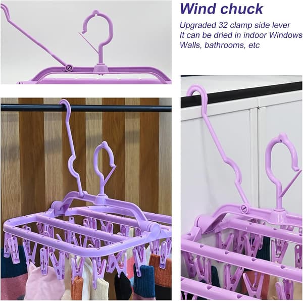 Sock Drying Rack, Klädtork med 32 klämmor, Fällbar vindskyddad socktork för underkläder