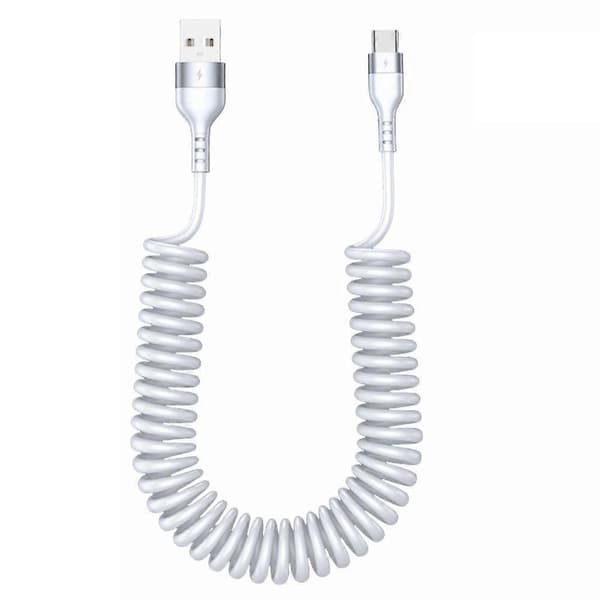 USB til USB C spiralkabel uttrekkbar billaderkabel kompatibel med iPhone for Android dataoverføring fjærdesign 5A hurtigladekabel hvit