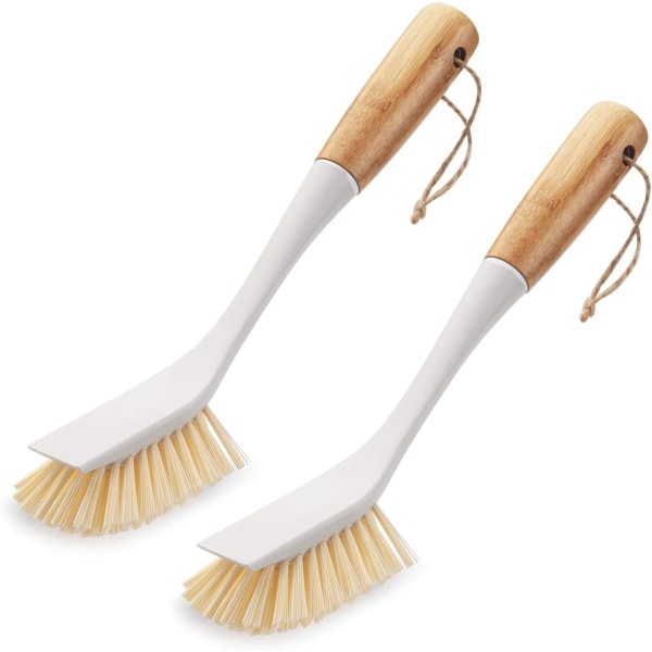 2-pack diskborste, skrubbborste rengöring med bambu långt handtag, diskborste