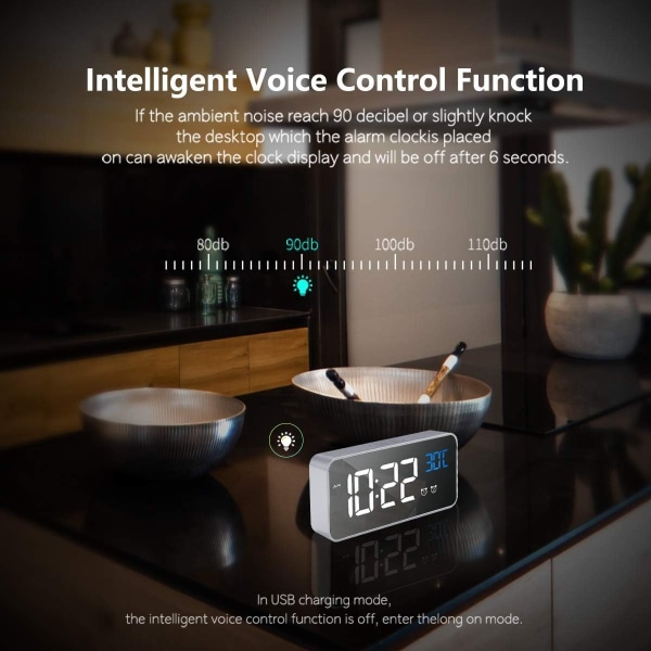 Digital väckarklocka, LED-väckarklocka med snooze-funktion, USB-portladdning (Silver)