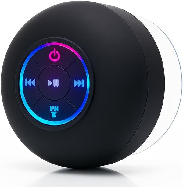 Bluetooth Waterproof Hands-Free Portable HD Shower Speaker, LED Lights, Built-in Microphone Speakerphone and Attached Suction Cup