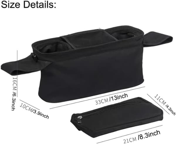 Black Stroller Organizer, Universal Stroller Bag with 2 Cup Holders, Insulated Bottle Holder, Large Pocket for Phone