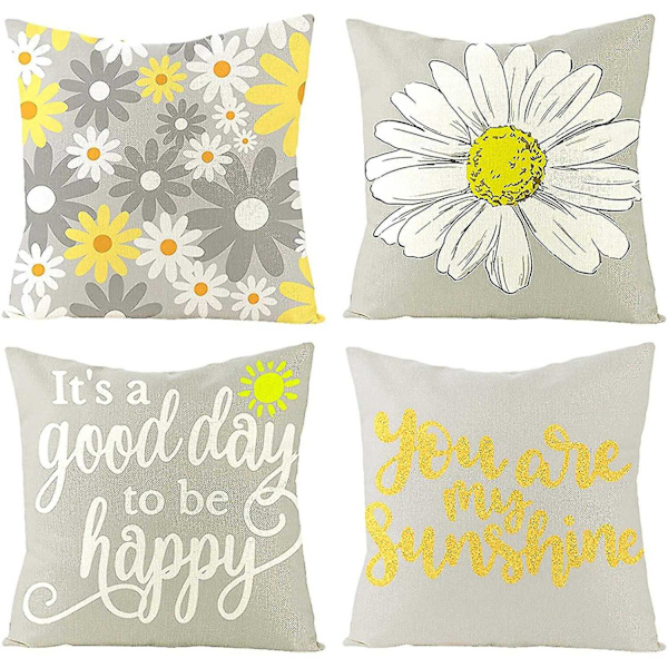 Set med 4 utomhuskuddfodral för trädgårdsmöbler Trädgårdskuddar Linnegrå Kuddfodral 18*18 Gul tusensköna blomma Fo
