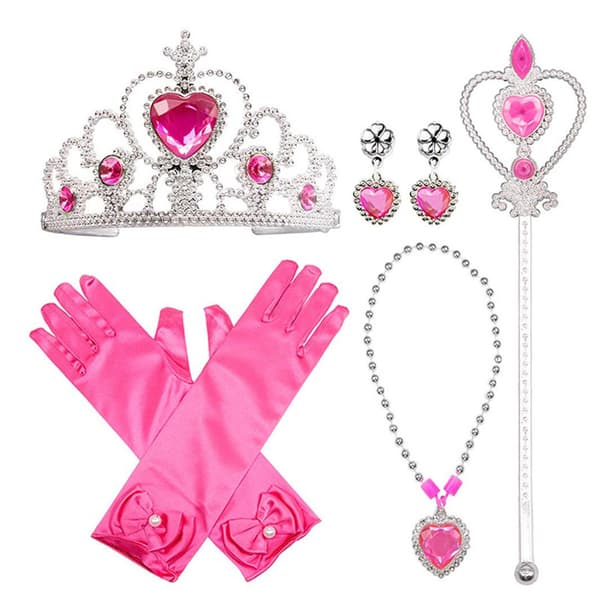 5 stk. Prinsessekjolesæt Tiara Scepter Halskæde Handsker Øreringe Dronning Halloween Cosplay Legetøj