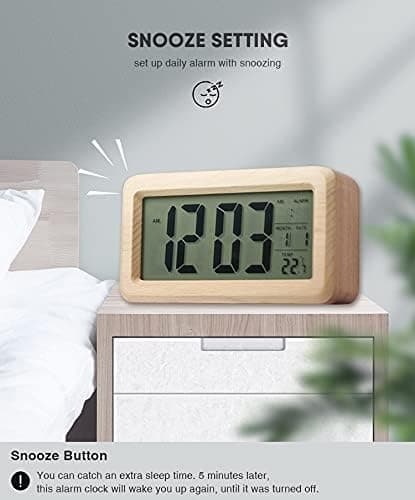 Batteridriven trä LCD digital väckarklocka, smart sensor nattlampa med snooze, datum, tempera
