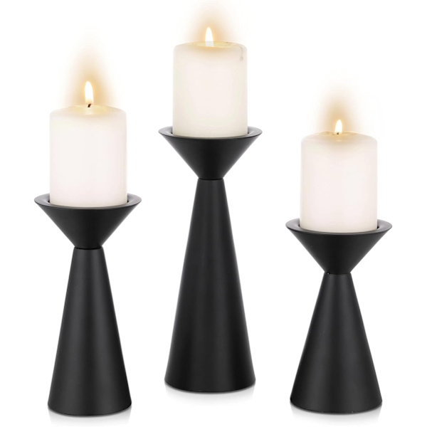 Geometrisk pelare kandelaber set om 3 vintage metall kandelaber vintage matt svart kandelaber