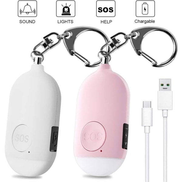 2025 Nytt 2-pack Personligt Överfallslarm 130dB USB Uppladdningsbart Ficklarm med LED-ficklampa Funktion Vattentätt