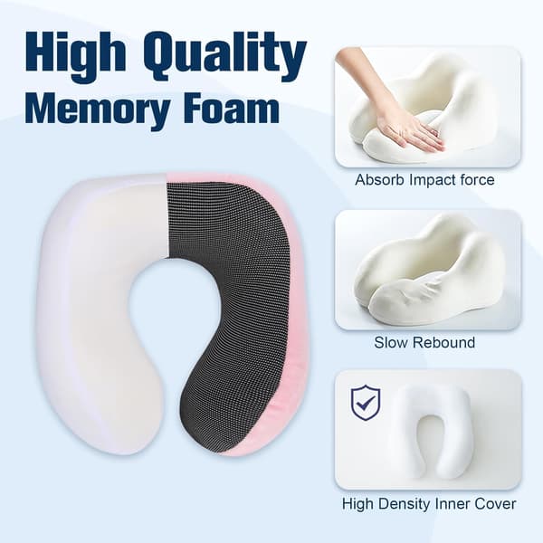 Memory Foam Travel Pillow, Adjustable & Compact Airplane Pillow, Ergonomically Designed, Includes Earplugs, Eye Mask & Storage Bag. pink