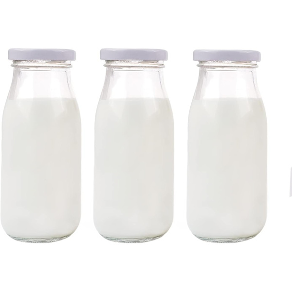 3-pack 250 ml glasmatningsflaskor med snyggt vitt lock, liten glasburksdekoration