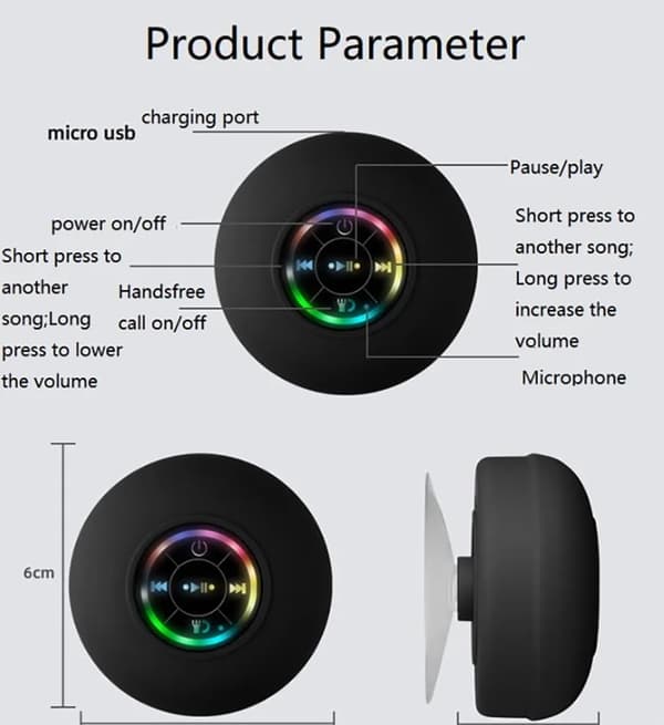 Bluetooth Waterproof Hands-Free Portable HD Shower Speaker, LED Lights, Built-in Microphone Speakerphone and Attached Suction Cup
