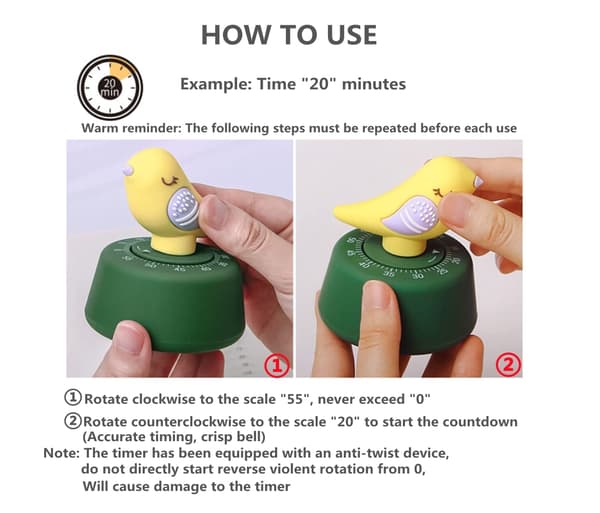 Timer 60 minuter Mekanisk Timer Kök Matlagning Timer Manuell Timer Söt Lärtimer Grön Fågel