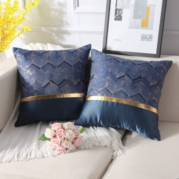 2 st Polyester Guldtråd Våg Dekorativt Örngott Hem Vardagsrum Soffa Sovrum (45x45cm, Marinblå B
