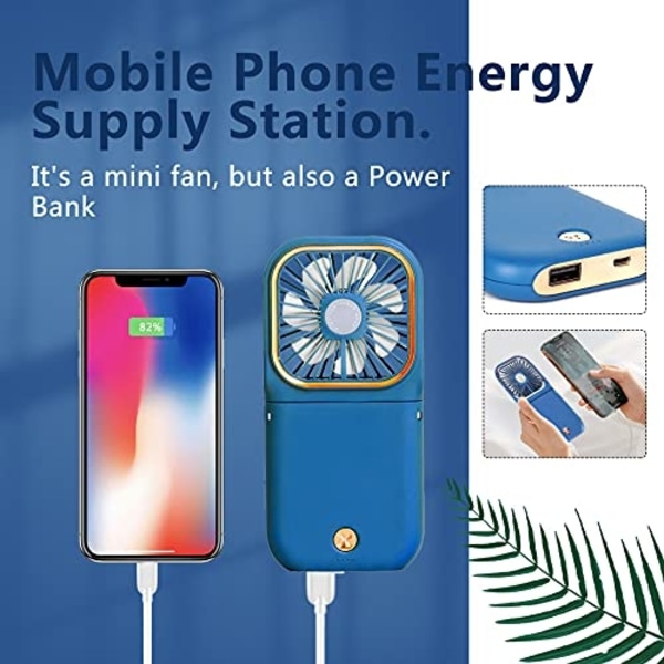 Bärbar Mini-fläkt Liten Batteridriven Fläkt 5 i 1 som Powerbank USB Laddningsbar Handfläktar Blå