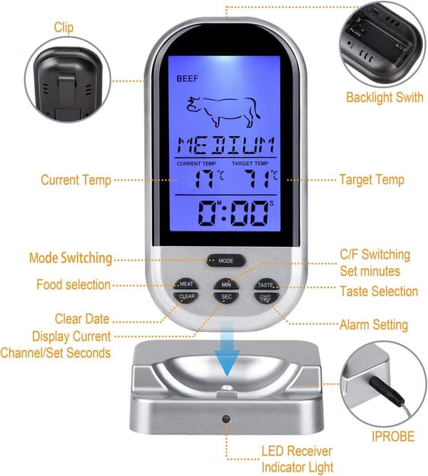Trådlös kötttermometer, fjärrkötttermometer digital matlagningsmattermometer för matlagning, grill