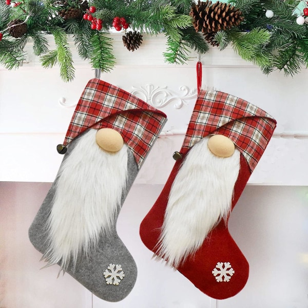 2-pack 18 '' Flanelljulstrumpor - Jultomte - Hängande presentpåse - Julgransprydnader - Grå